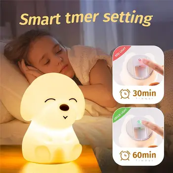 Drăguț Câine Lumina de Noapte LED Silicon Moale Touch Senzor Telecomanda Timer Reîncărcabilă 7 Culori Decor Dormitor Lampa de Copii Cadou 1