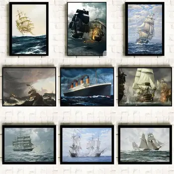 Retro Corabie De Pirați Albastru Corabie De Război Titanic Barca Postere De Arta Panza Pictura Perete Printuri De Imagini Living Decor Acasă